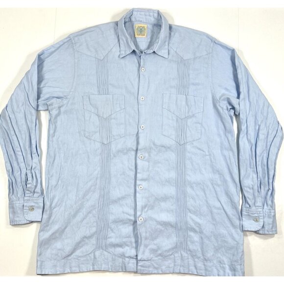 Dos Carolinas Guayabera Shirt Mens Size XL Tall Blue Long Sleeve Pockets Pleats